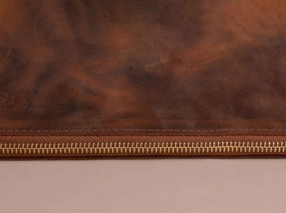 brown leather clutch purse zipper