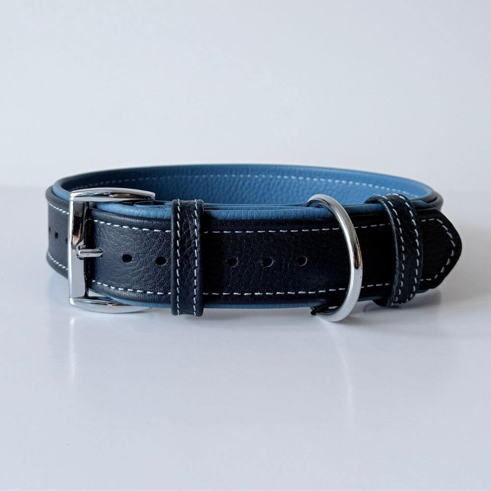 Handmade Leather Dog Collar Navy Blue Turquoise | Padded & Durable
