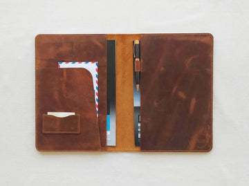 bifold leather portfolio case camel